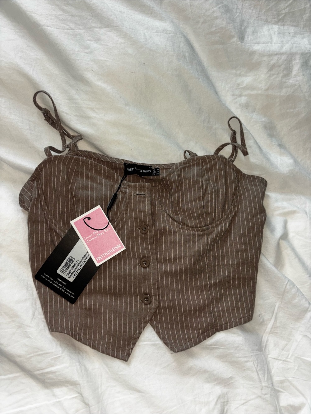 PrettyLittleThing Brown Pinstripe Button-Front Crop Top